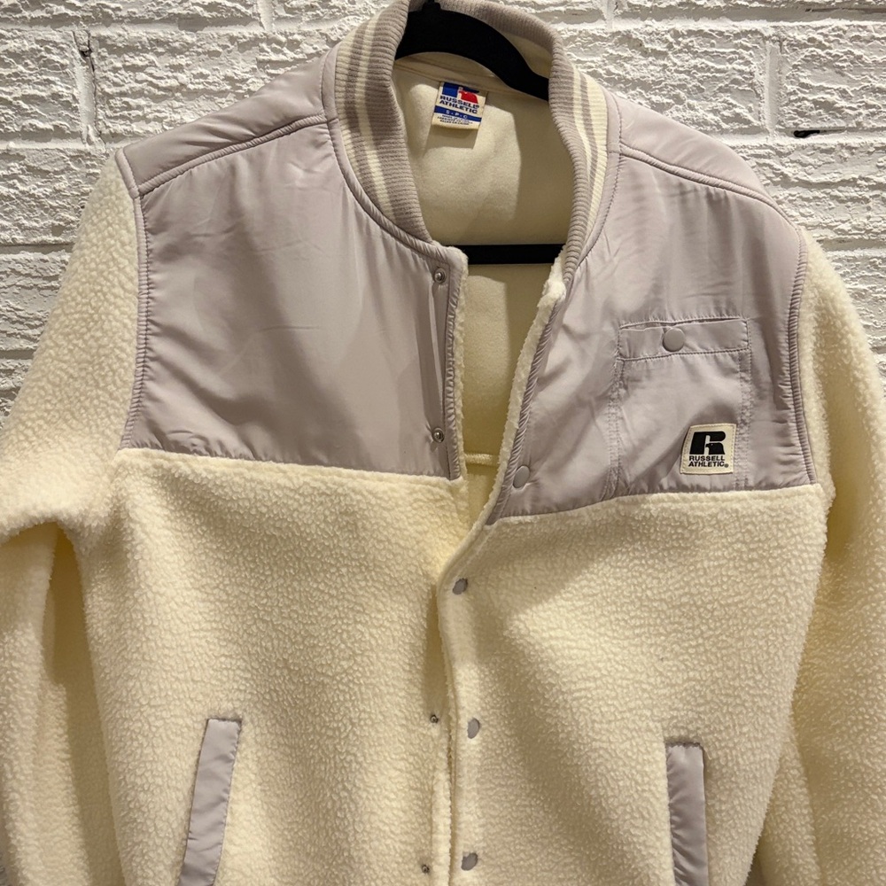 Russell Athletic Cream Sherpa Jacket with Light Gray Nylon Yoke